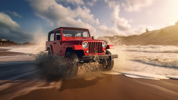 Un wrangler rosso della jeep che guida su una spiaggia