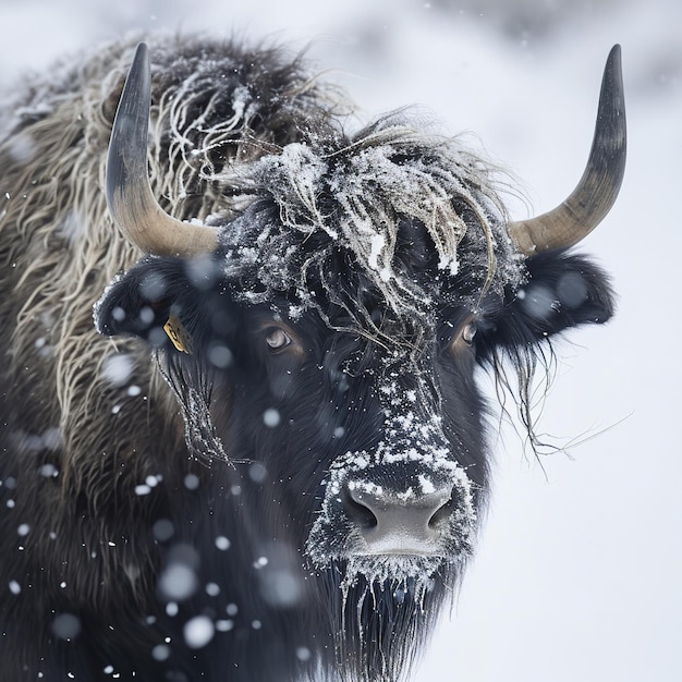 Un yak selvaggio Bos tace nella neve in inverno Ai generativo