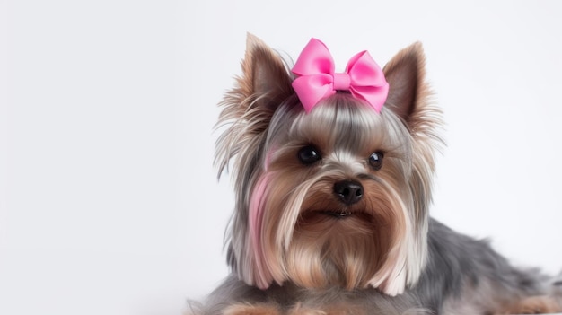 Un yorkshire terrier con un fiocco rosa