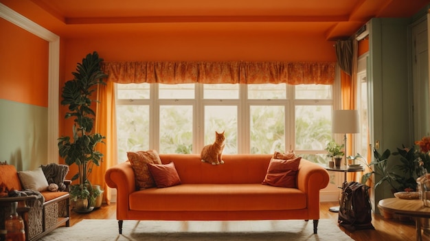 Una affascinante scena del soggiorno si svolge con un gatto arancione che passeggia graziosamente da un comodo divano