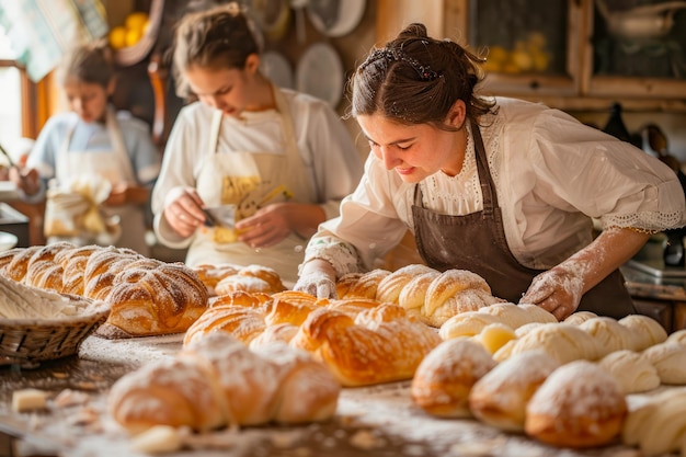 Una allegra panettiera prepara pane artigianale appena cotto in una panetteria rustica con i dipendenti