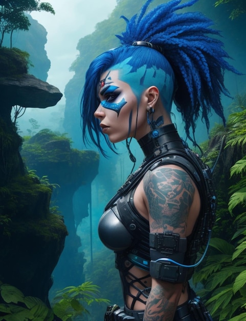 Una attraente donna cyber punk dai capelli blu con la faccia dipinta e un piercing al setto.