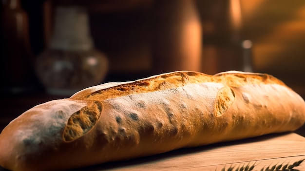 Una baguette su un tavolo di legno con un tavolo di legno sullo sfondo