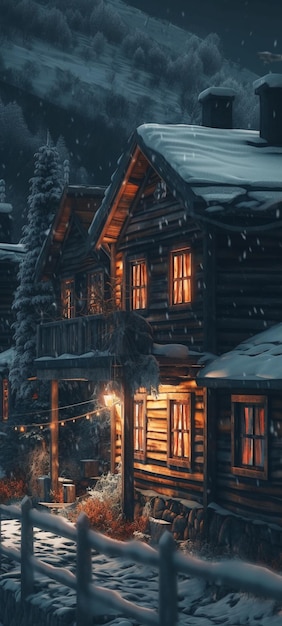 Una baita nella neve di notte