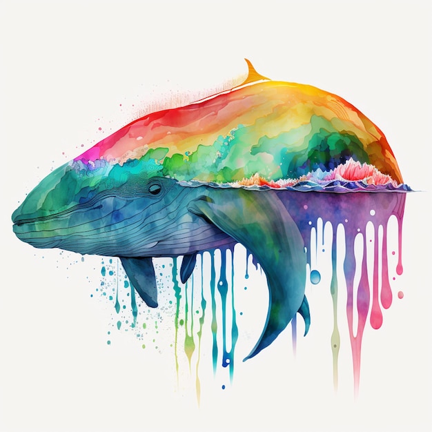 Una balena con i colori dell'arcobaleno sulla testa