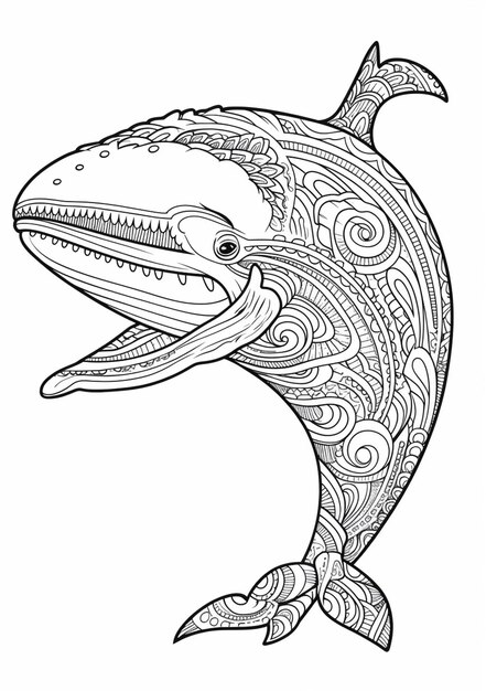 una balena con una grande bocca e una lunga coda è disegnata in un'ai generativa in stile line art