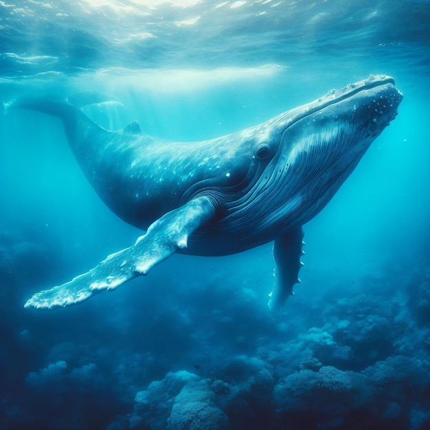 Una balena maestosa che nuota sott'acqua