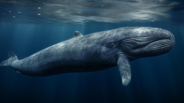 una balena nuota sott'acqua con una balena sullo sfondo.