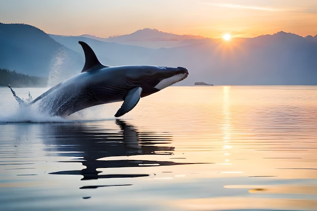 Una balena salta fuori dall'acqua al tramonto.