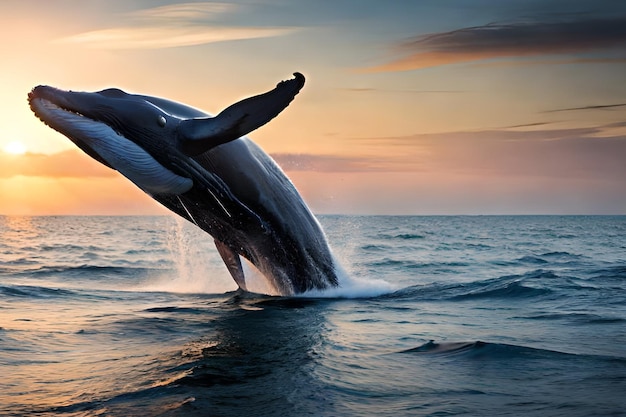 Una balena salta fuori dall'acqua al tramonto