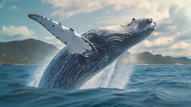 Una balena salta fuori dall'acqua con le montagne sullo sfondo