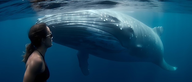 Una balena sta nuotando sott'acqua.