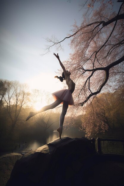 Una ballerina balla in uno stagno con un albero sullo sfondo.