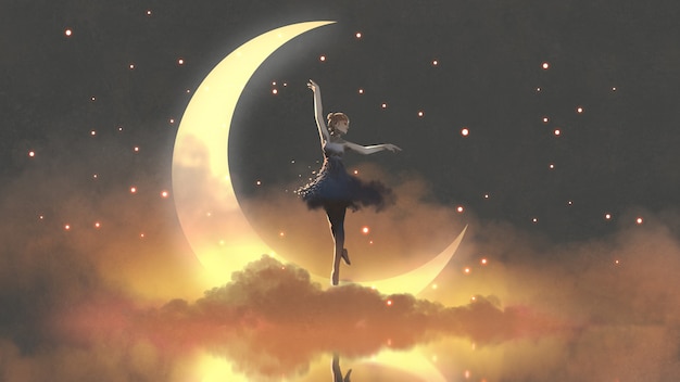 una ballerina che balla con le lucciole contro la falce di luna, stile arte digitale, pittura illustrativa