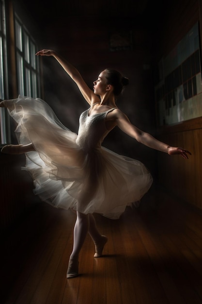 Una ballerina in uno studio con una finestra sullo sfondo