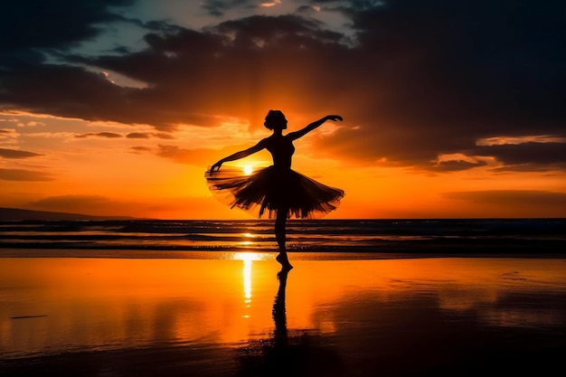 Una ballerina si esibisce su una spiaggia al tramonto.