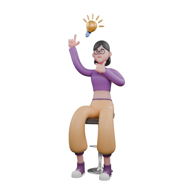 Una ballerina si siede sulla sedia con il mento destro e la mano sinistra puntata verso l'alto con un'espressione aha