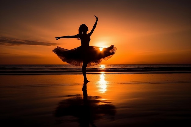 Una ballerina sulla spiaggia al tramonto