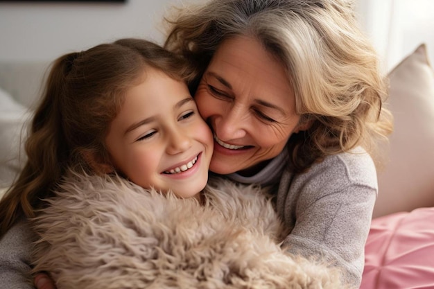 una bambina abbraccia sua madre che sta sorridendo e abbracciandola