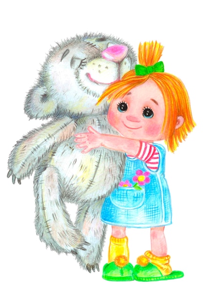 Una bambina abbraccia un orsacchiotto