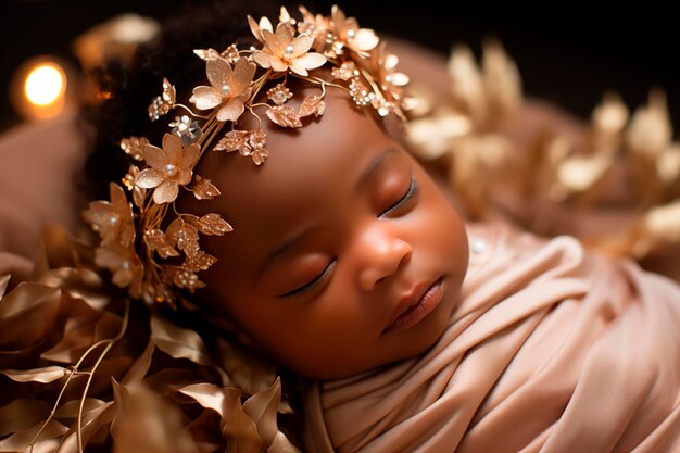 Una bambina adorabile che dorme circondata da fiori