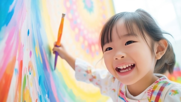 Una bambina asiatica sta dipingendo l'arcobaleno colorato e il cielo sul muro e sembra un concetto felice e divertente di educazione artistica e impara attraverso l'attività di gioco per lo sviluppo del bambino