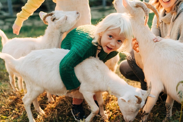Una bambina bionda adorabile e empatica abbraccia una capra bianca in fattoria.
