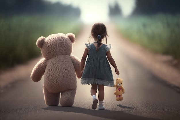 Una bambina cammina per strada con un orsacchiotto