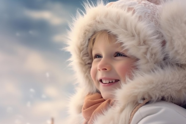 Una bambina carina che indossa un cappello peloso e una giacca perfetta per i progetti a tema invernale e freddo