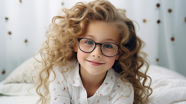 una bambina carina con gli occhiali su uno sfondo chiaro la sua innocenza e il suo fascino mentre fissa la telecamera con un sorriso luminoso