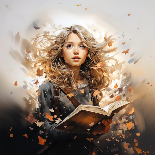 una bambina carina con i capelli lunghi e gialli che soffia nel vento d'autunno e che legge felicemente un libro