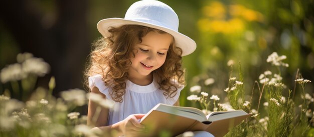 Una bambina carina con un cappello si siede sull'erba tra i fiori e legge un libro su un picnic in natura