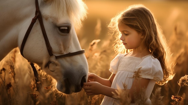 Una bambina carina condivide un momento tenero con il suo amato cavallo su un prato pittoresco al tramonto