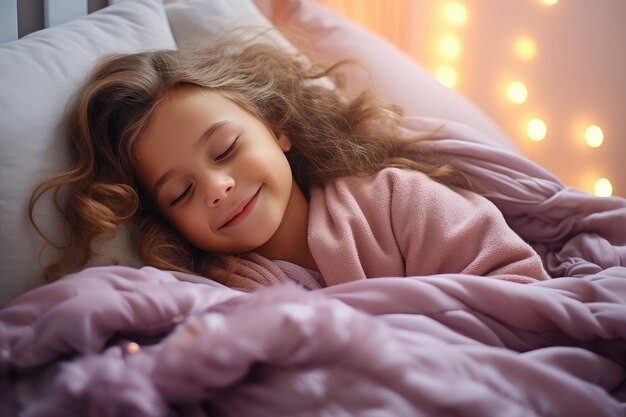 Una bambina carina dorme profondamente nella sua camera da letto