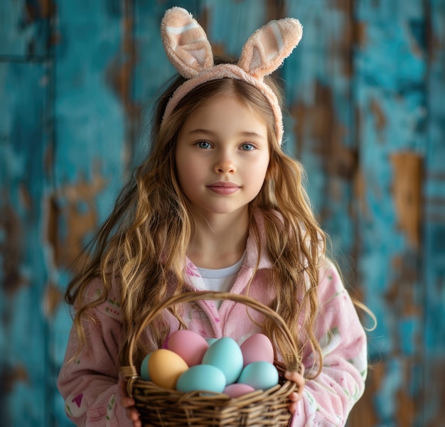 Una bambina carina in pigiama con le orecchie di coniglio tiene un cesto con uova di Pasqua colorate