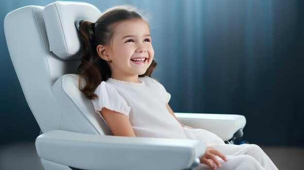 Una bambina carina in una clinica dentistica seduta sulla sedia di un dentista e sorridendo un bel sorriso con i denti bianchi