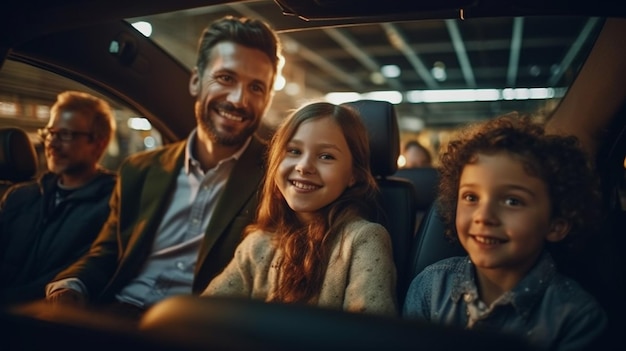 Una bambina carina sorride mentre è seduta in macchina con i suoi genitori.