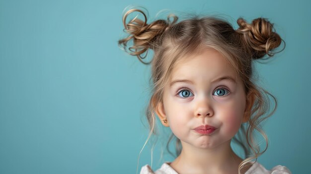 Una bambina carina sta facendo una faccia su uno spazio di sfondo pulito AI generativa