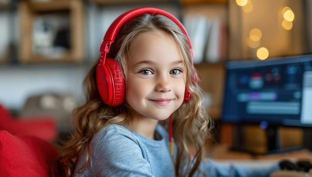 una bambina carina su un computer rosso a casa utilizzando le cuffie