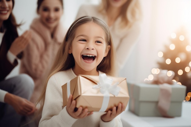 una bambina che apre un regalo sorpresa con i suoi genitori dietro di lei che sorridono con toni delicati