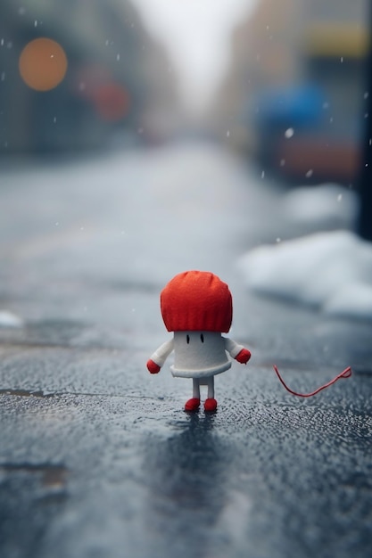 Una bambina che cammina sotto la pioggia con un cappello rosso e un calzino rosso.