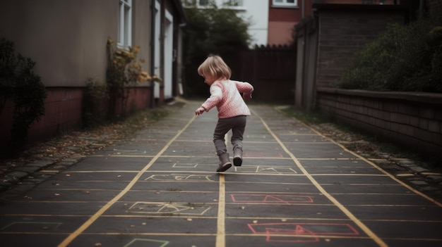 Una bambina che gioca su un vialetto con il gesso sul marciapiede.