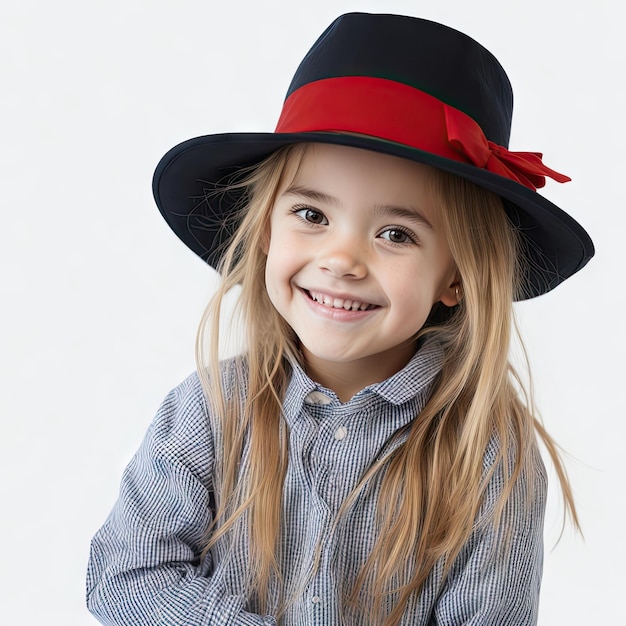 Una bambina che indossa un cappello con sopra un nastro rosso.