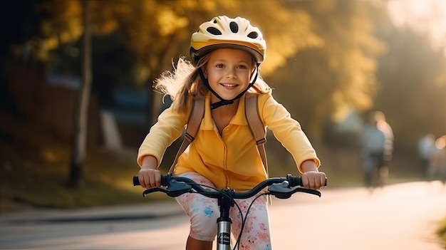 Una bambina che indossa un copricapo protettivo che pedala felicemente sulla sua bicicletta