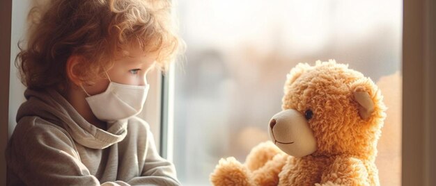 una bambina che indossa una maschera seduta accanto a un orsacchiotto