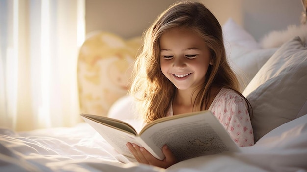 una bambina che legge un libro su un letto