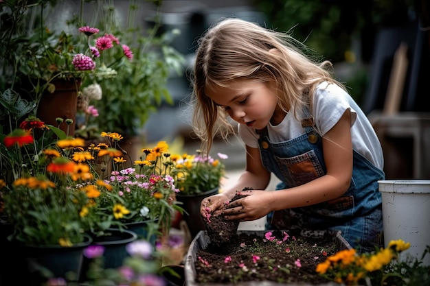 Una bambina che pianta fiori in un giardino Generative Ai