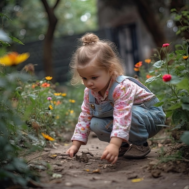 Una bambina che raccoglie fiori in un giardino