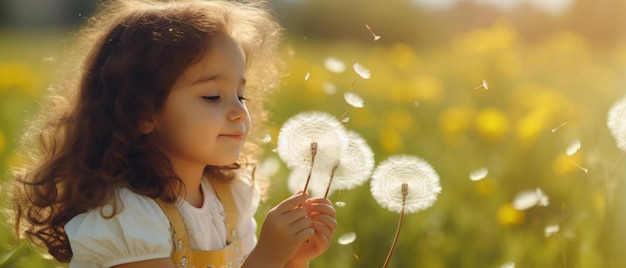 una bambina che soffia su un dente di leone in un campo