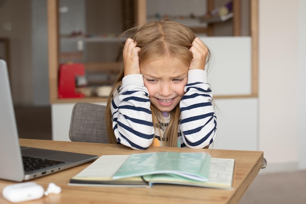 Una bambina che soffre di mal di testa, emicrania, superlavoro, uno scolaro stanco, un bambino che piange